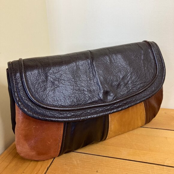 Brixton Patchwork Leather Clutch Purse Brown 7x12" Vintage 90s Made in Canada - Picture 1 of 15
